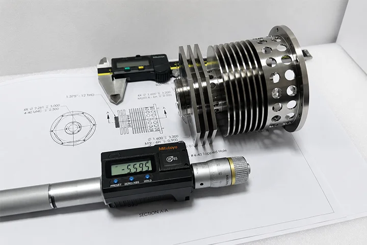 Engineer checking the tolerances of a machined component against its drawing