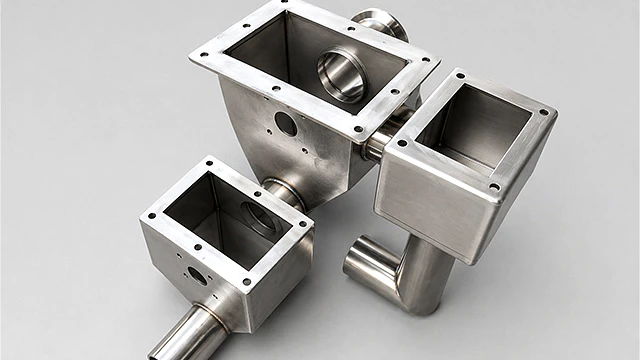 Aluminum and stainless steel precision machined components arranged for comparison