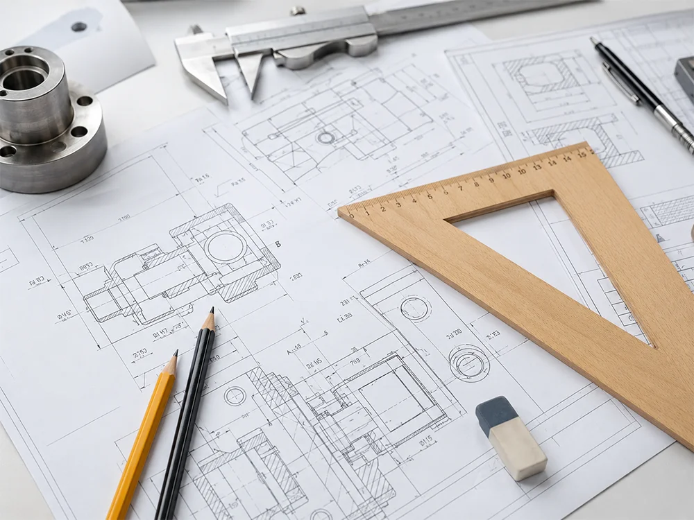 CNC drawing review with caliper material samples and machined parts